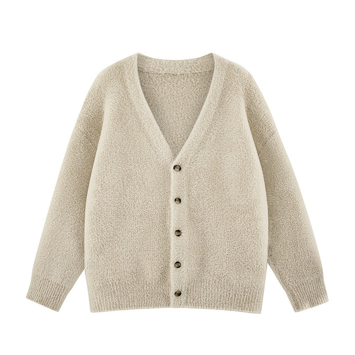 Damen Oversize Teddy-Strickcardigan mit V‑Ausschnitt und Holzknöpfen Echoarchiv