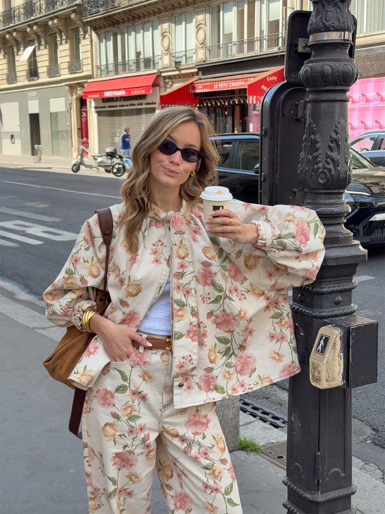Damen Zweiteiliges Blumen-Print Co-Ord-Set mit Oversize-Blouson und High-Waist-Hose Echoarchiv
