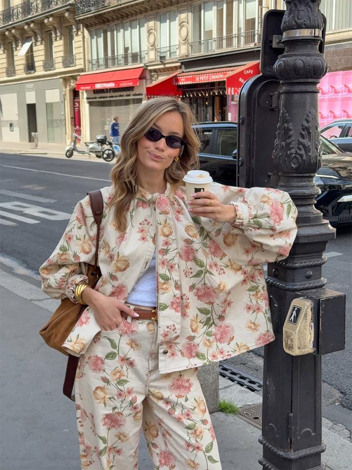 Damen Zweiteiliges Blumen-Print Co-Ord-Set mit Oversize-Blouson und High-Waist-Hose Echoarchiv