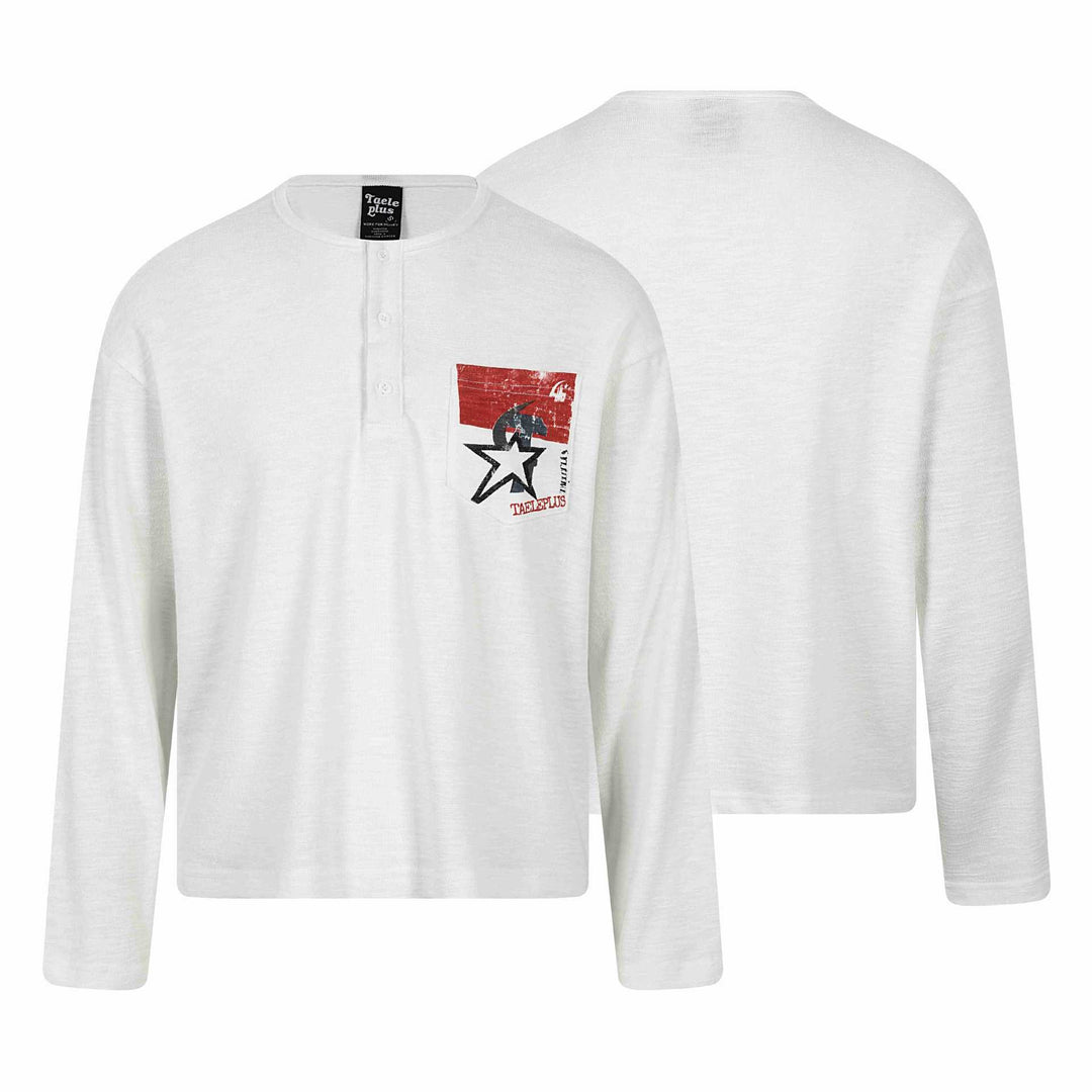 Unisex Langarm-Henleyshirt mit Brusttasche und Vintage-Print Echoarchiv