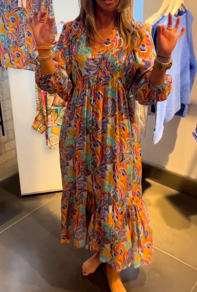 Damen nan Stufenmaxikleid im Boho-Stil mit Paisley-Print, V-Ausschnitt, geraffter Empire-Taille und elastischen Manschetten Echo Archiv