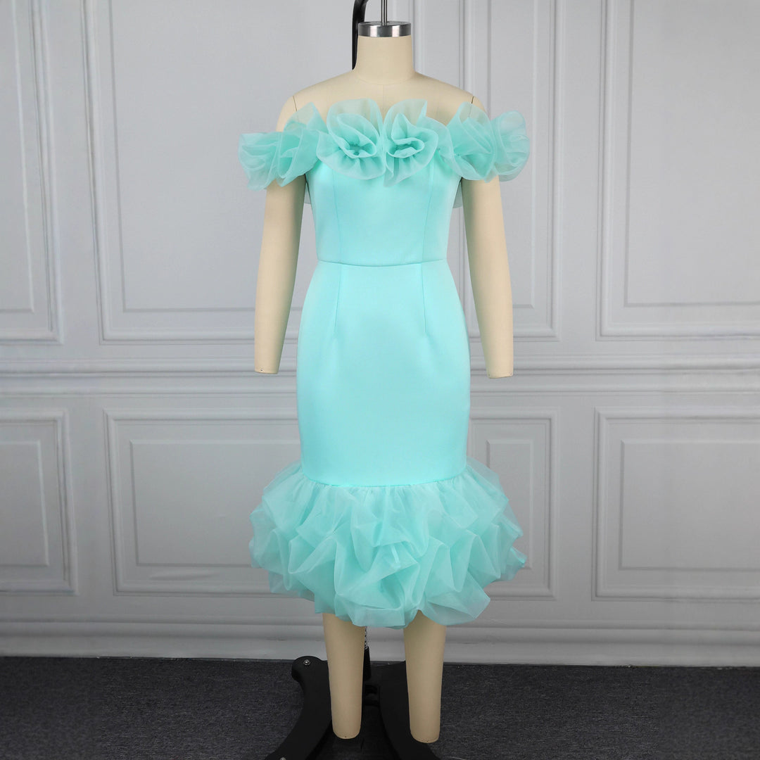 Damen Figurbetontes Kleid mit Rüschenärmel und voluminösem Saum Echo Archiv