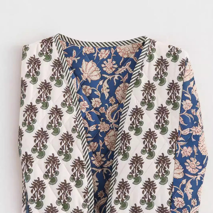 Damen nan gestepptes Patchwork-Kimono-Jäckchen mit offener Front und aufgesetzten Taschen Echo Archiv