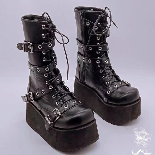 Damen plateau Combatstiefel mit Schnallen Ösen Schnürung und seitlichem Reißverschluss Echo Archiv