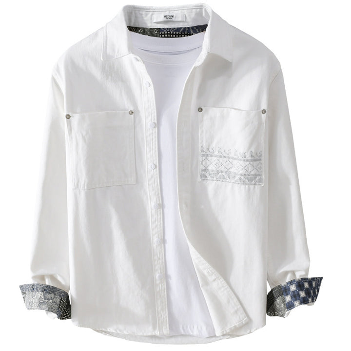 Herren Baumwoll-Overshirt mit Kontrastfutter, Brusttaschen und feiner Stickerei Echoarchiv
