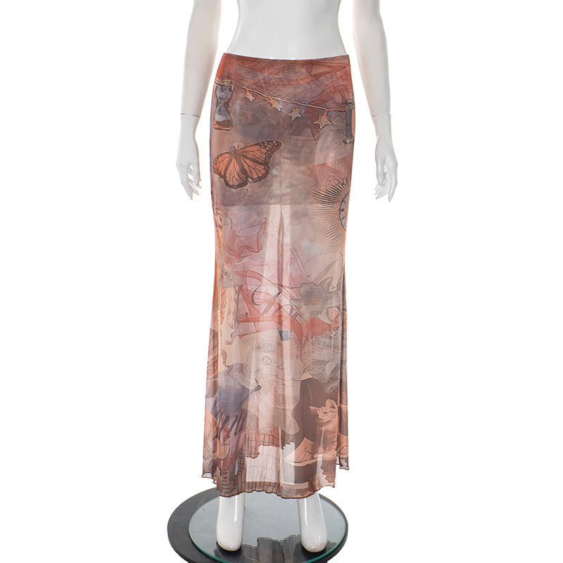 Damen Eleganter, transparenter Maxirock mit künstlerischem Druck und fließendem Schnitt Echo Archiv