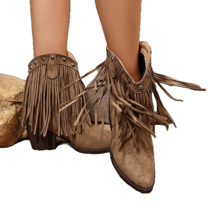 Damen Western‑Fransenstiefeletten aus Veloursoptik mit mittelhohem Blockabsatz und Nietenbesatz Echoarchiv