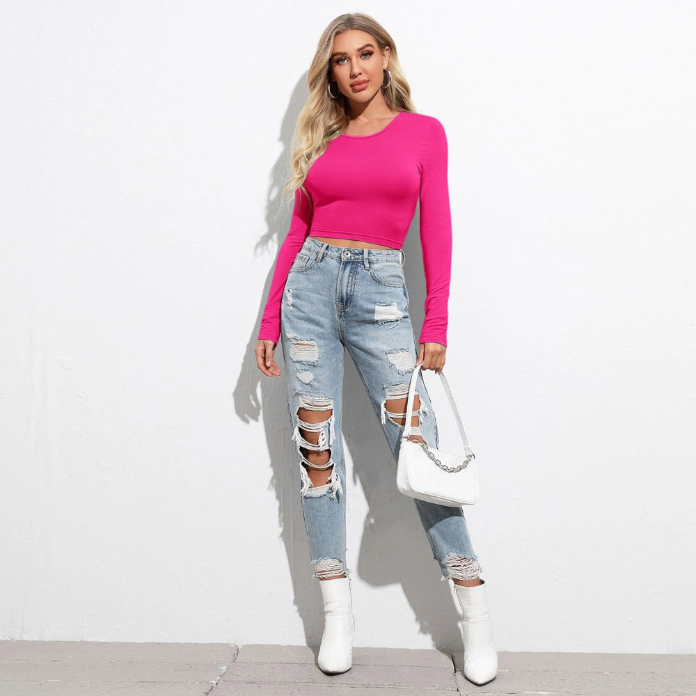 Damen figurbetontes Cropped-Longsleeve mit Sculpting-Passform und Rundhalsausschnitt – Avérine