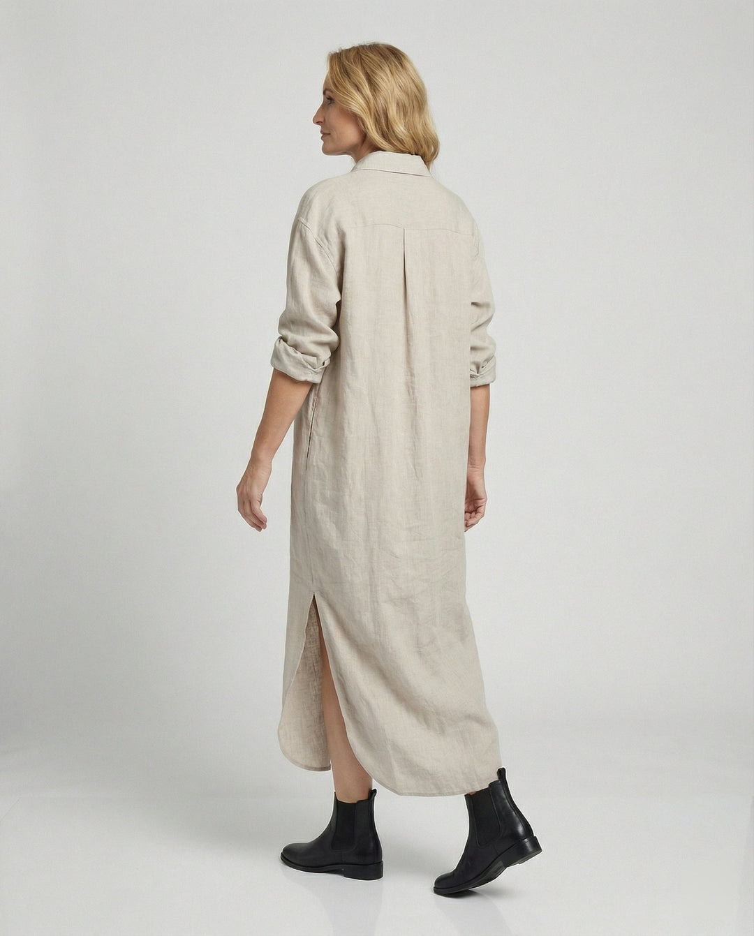 Damen Hemdblusenkleid Leinen Midi