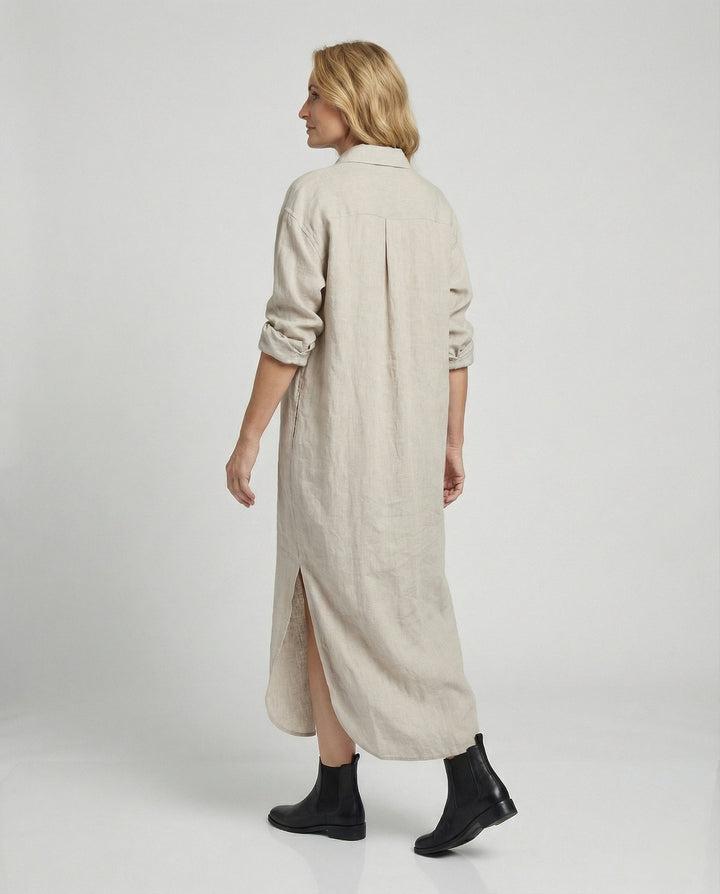 Damen Hemdblusenkleid Leinen Midi