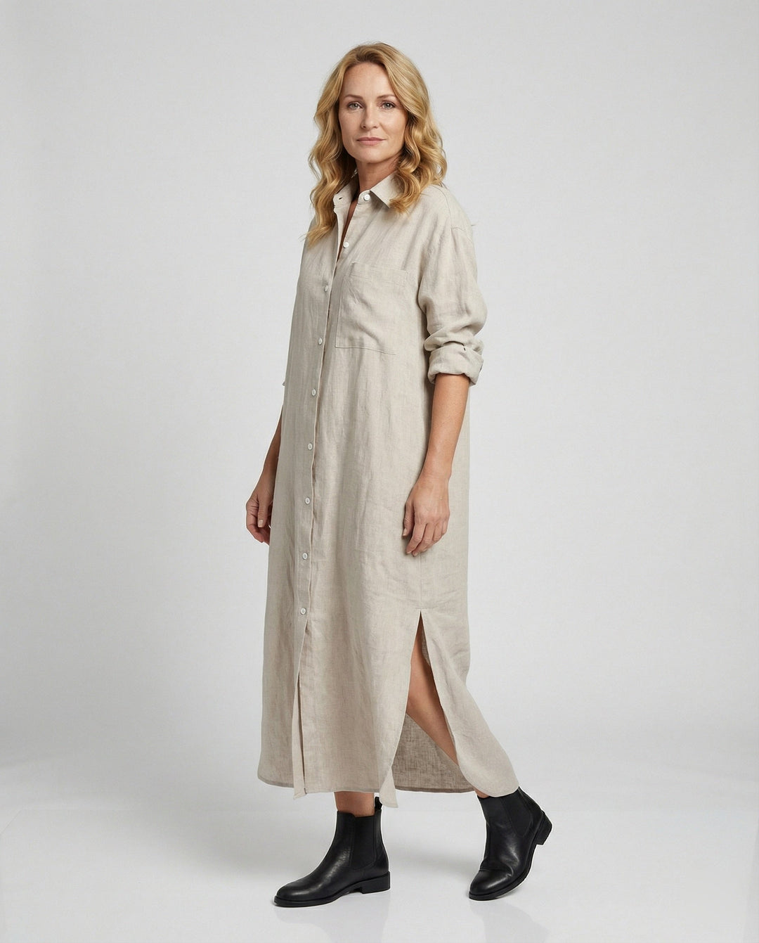 Damen Hemdblusenkleid Leinen Midi