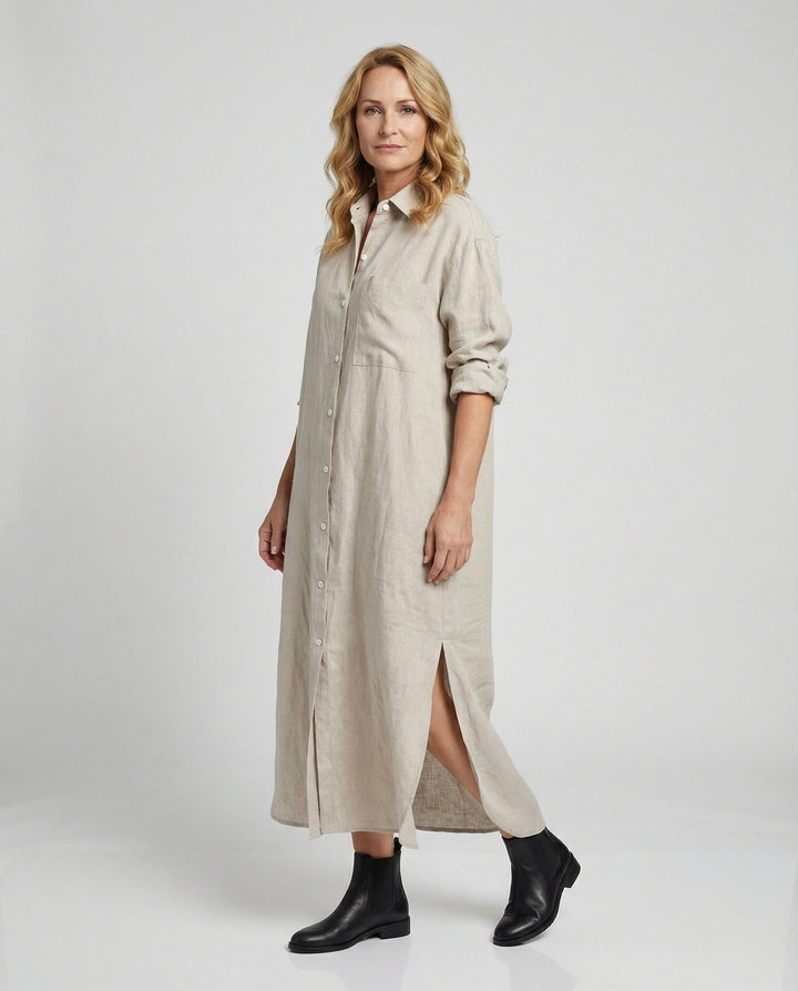 Damen Hemdblusenkleid Leinen Midi