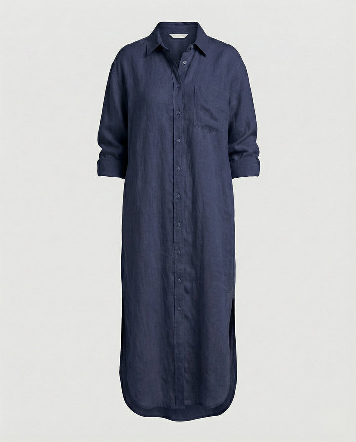 Damen Hemdblusenkleid Leinen Midi
