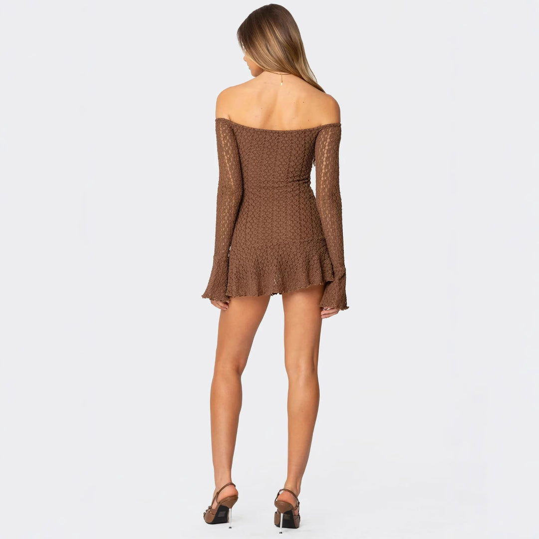 Damen Off-Shoulder Minikleid mit strukturiertem Häkelmuster und schwingendem Saum Echo Archiv