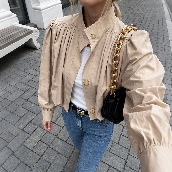Damen Leichte Kurzjacke mit Ballonärmeln, Puffschultern & Gummizugsaum Echoarchiv