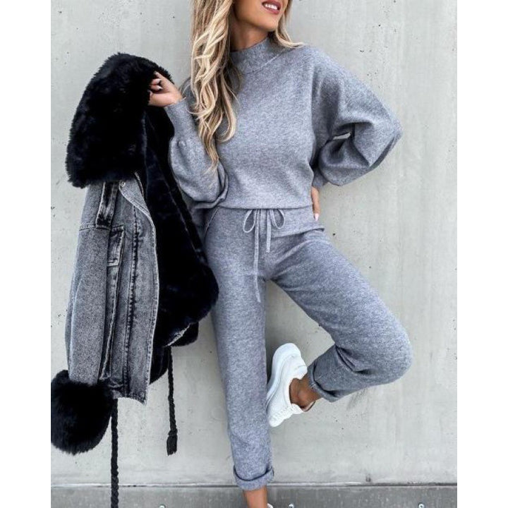 Damen Strick-Loungewear-Set mit Ballonärmeln und taillierter Jogginghose – Mavelle