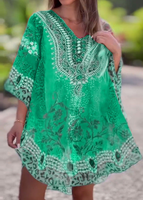 Damen nan kurzes Tunika-Kaftan mit verziertem V-Ausschnitt und floral-animalischer Bordüre Echo Archiv