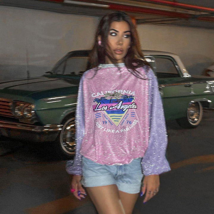 Damen Glitzerndes Oversize-Sweatshirt mit Raglanärmeln und Retro-Los-Angeles-Print Echo Archiv