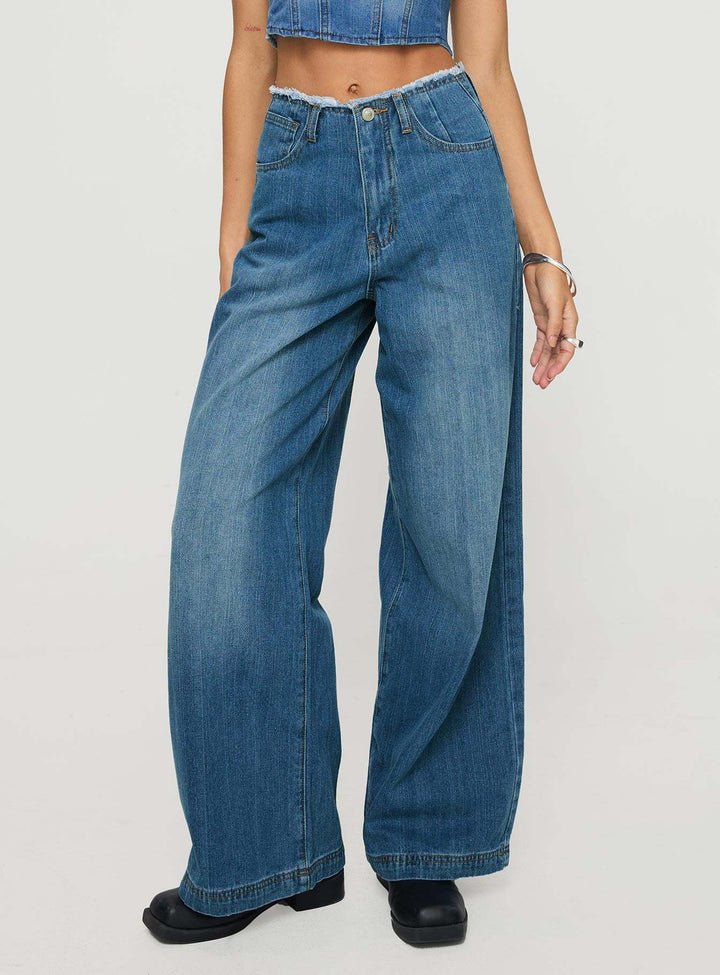 Damen nan hochgeschnittene Weitbein-Jeans mit rohem Bund, extra weitem Bein und Fünf-Taschen-Schnitt Echo Archiv