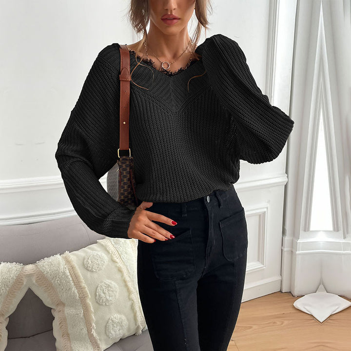 Damen Oversize V‑Ausschnitt Feinstrickpullover mit überschnittener Schulter und Rippbündchen Echoarchiv