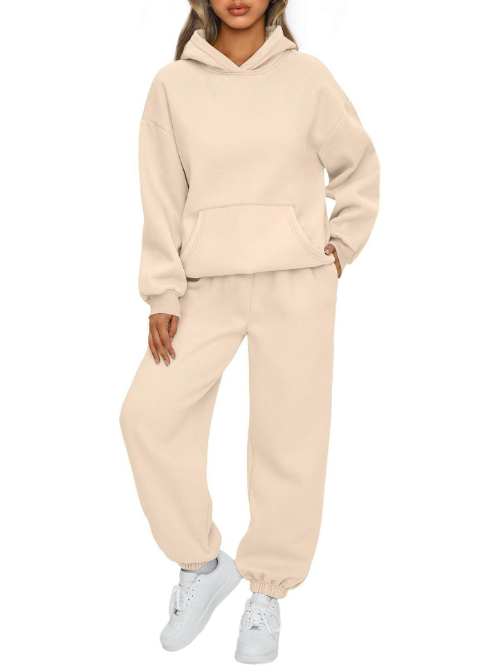 Damen nan gemütliches French-Terry Loungewear-Set mit doppellagiger Kapuze, Kängurutasche und elastischem Knöchel-Jogger Echo Archiv