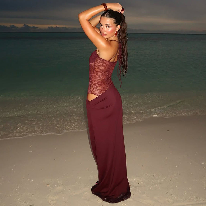 Damen Elegantes Maxikleid mit transparentem Oberteil und figurbetontem Design Echo Archiv