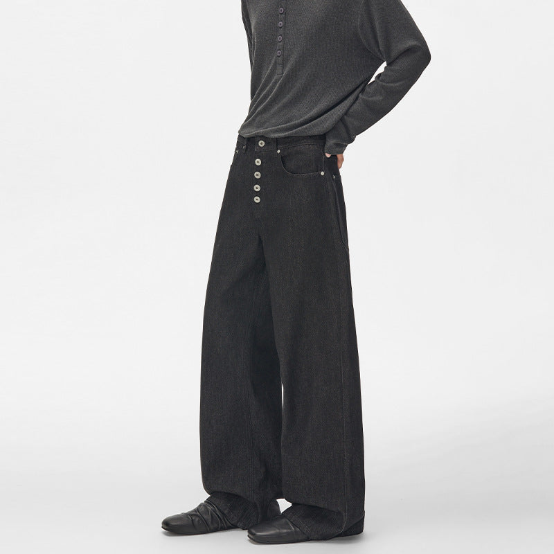 Herren Hochtaillierte weite Denim-Hose mit sichtbarer Knopfleiste und extra langem Saum Echo Archiv