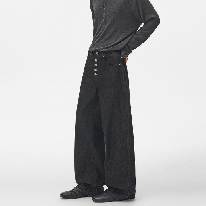 Herren Hochtaillierte weite Denim-Hose mit sichtbarer Knopfleiste und extra langem Saum Echo Archiv
