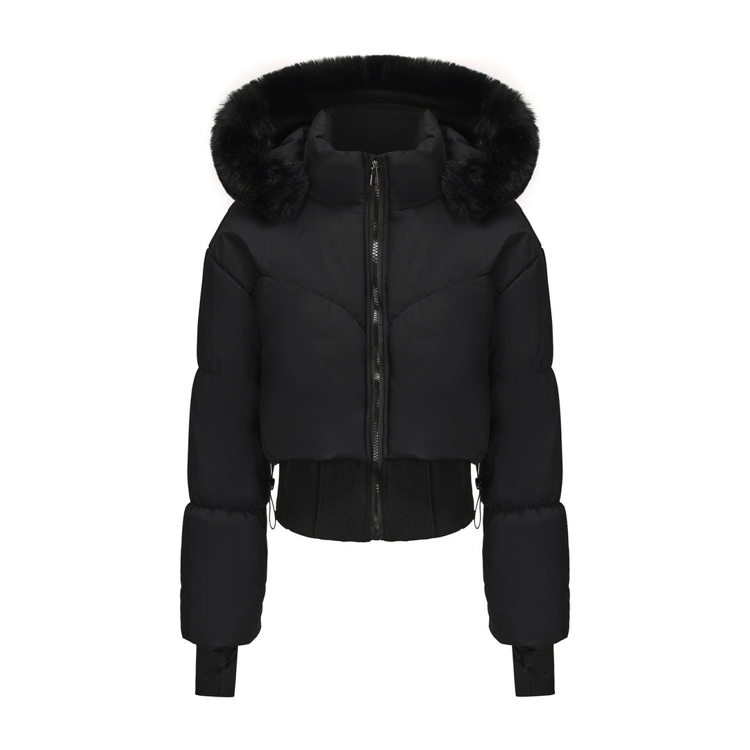 Damen cropped Daunenjacke mit abnehmbarer Kapuze und Kunstfellbesatz – Célinea