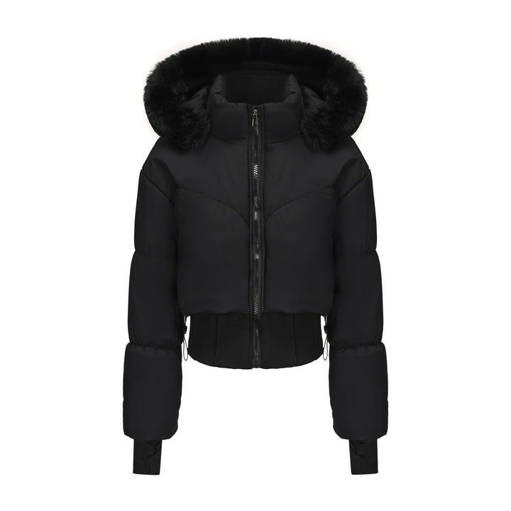 Damen cropped Daunenjacke mit abnehmbarer Kapuze und Kunstfellbesatz – Célinea
