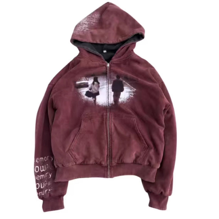 Unisex nan Kapuzenjacke mit durchgehendem Reißverschluss, Used‑Effekt, doppellagiger Kapuze und Ärmeldruck Echo Archiv