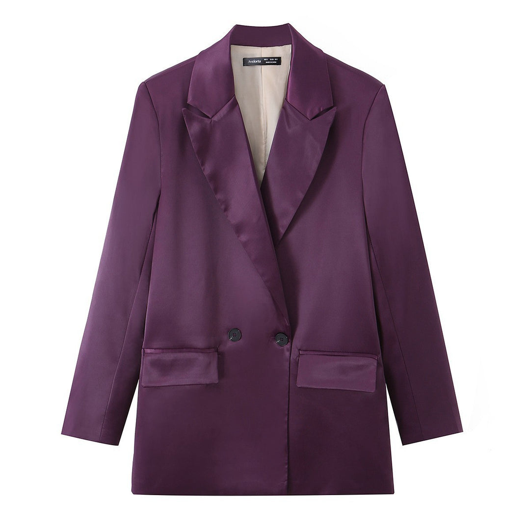 Damen Satin-Longblazer mit doppelreihiger Knopfleiste, Schalkragen und Pattentaschen Echo Archiv