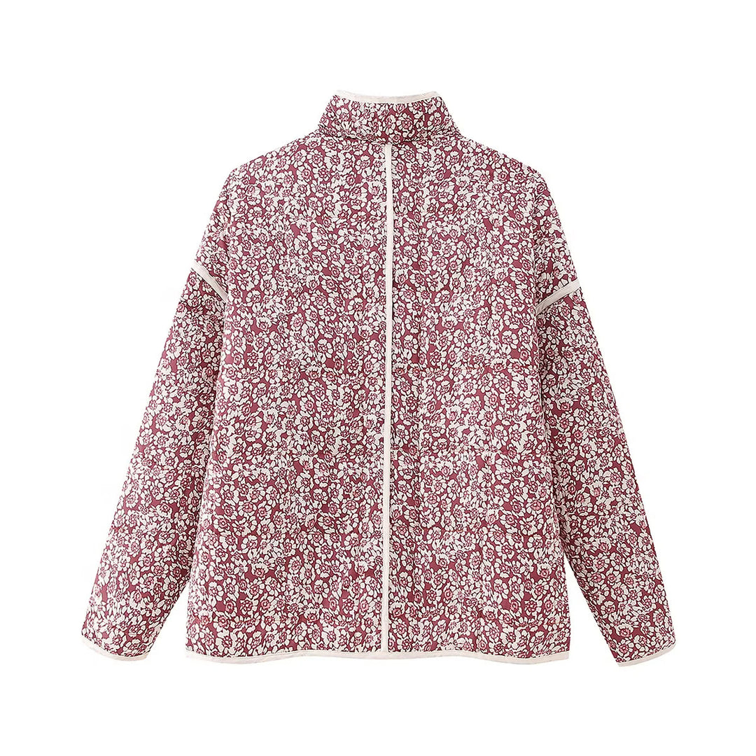 Damen gesteppte Blumenjacke mit Stehkragen Reißverschluss und aufgesetzten Taschen – Célinea