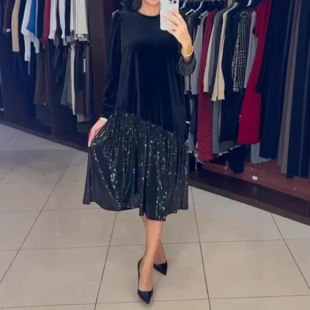 Damen nan Samt-Midikleid mit plissiertem Paillettenrock, lockerem A-Linien-Schnitt und Rundhalsausschnitt Echo Archiv