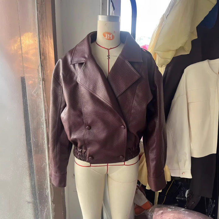 Damen nan cropped zweireihiger Kunstleder-Blouson mit breitem Revers und elastischem Saum Echo Archiv