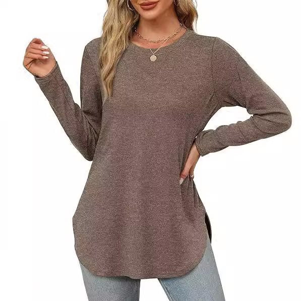 Damen Lässiges Longsleeve-Tunikaoberteil mit Rundhalsausschnitt, Seitenschlitzen und Aquarell-Blattprint Echo Archiv