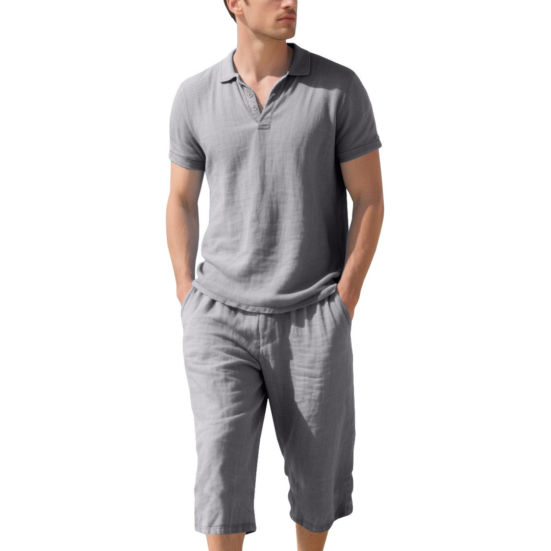 Herren lässiges Kurzarm-Polohemd mit elastischen Leinen-Shorts Echoarchiv