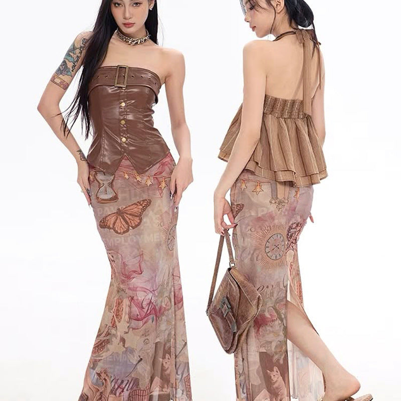 Damen Eleganter, transparenter Maxirock mit künstlerischem Druck und fließendem Schnitt Echo Archiv