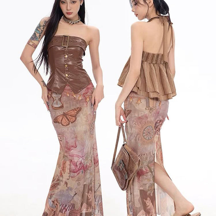 Damen Eleganter, transparenter Maxirock mit künstlerischem Druck und fließendem Schnitt Echo Archiv