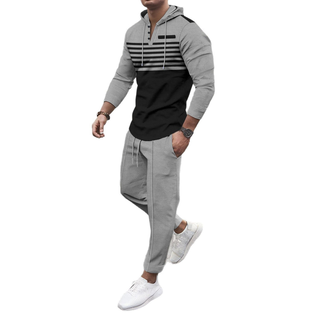 Herren nan Henley-Kapuzen-Lounge-Set mit Streifenpasse, Halbknopfleiste und konischer Jogginghose Echo Archiv