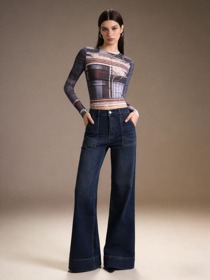 Damen High-Waist Weitbeinerhosen mit angesagtem Aufnäher Echo Archiv