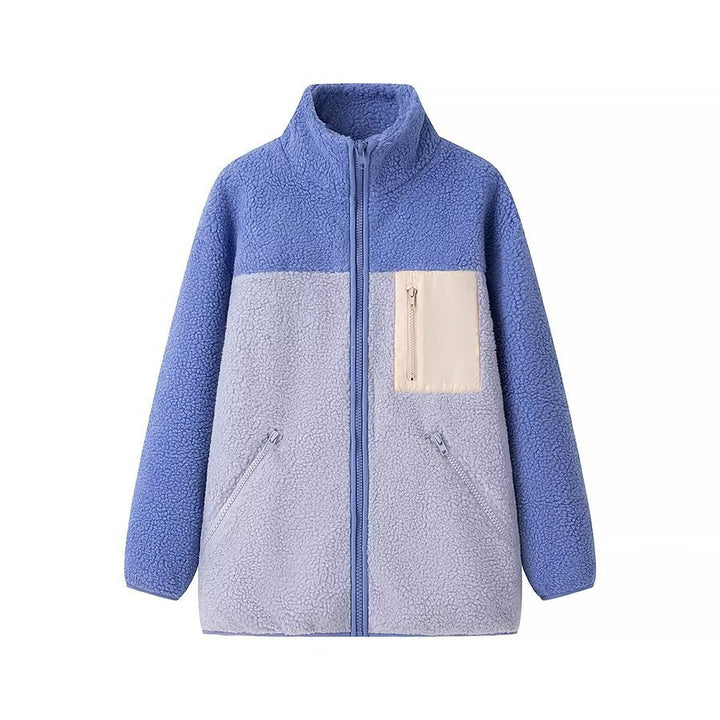 Damen Oversize Teddy‑Fleecejacke mit Farbblock, Stehkragen und Reißverschlusstaschen Echo Archiv
