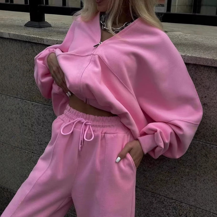 Damen nan cropped Hoodie mit halbem Reißverschluss und Highwaist Jogginghose Echo Archiv