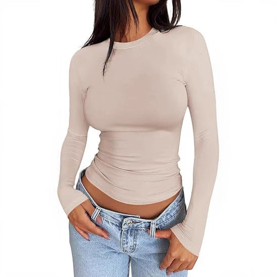 Damen Körpernahes Langarmshirt im Cropped-Look mit verlängerten Ärmeln und Daumenloch – Avérine
