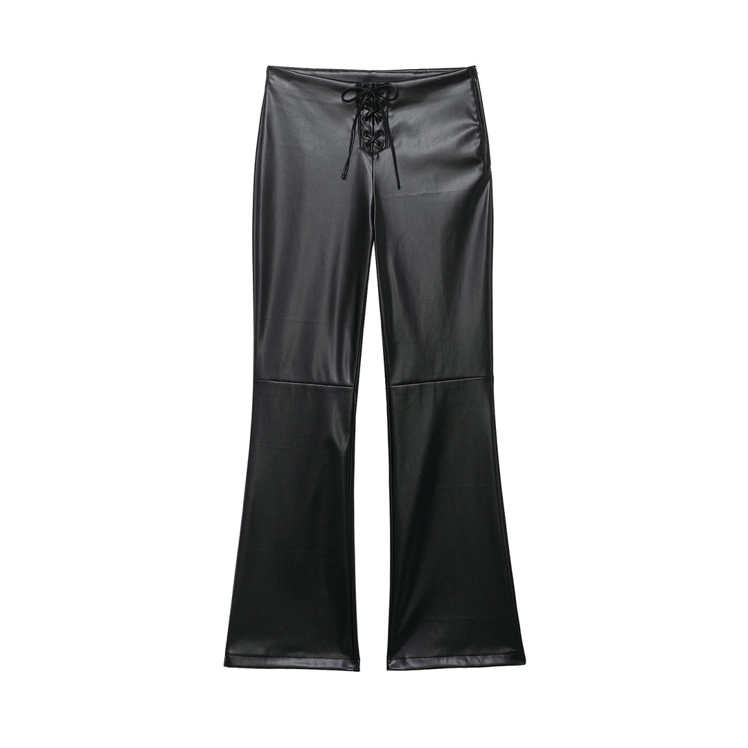 Damen hochgeschnittene ausgestellte Kunstlederhose mit Schnürungsdetail in der Taille Echoarchiv