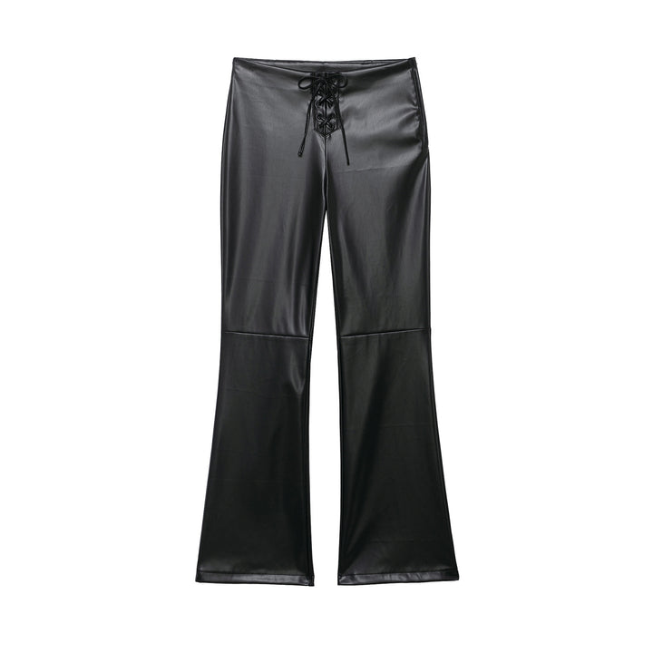 Damen hochgeschnittene ausgestellte Kunstlederhose mit Schnürungsdetail in der Taille Echoarchiv