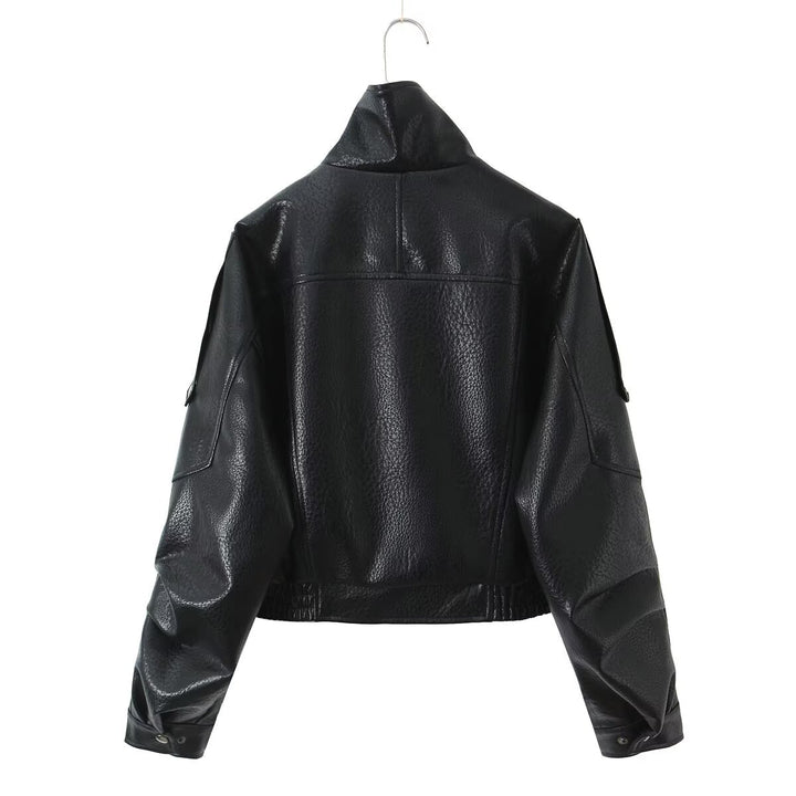 Damen Cropped Bikerblouson aus veganer Lederoptik mit asymmetrischer Frontpatte und Taillenbund Echoarchiv