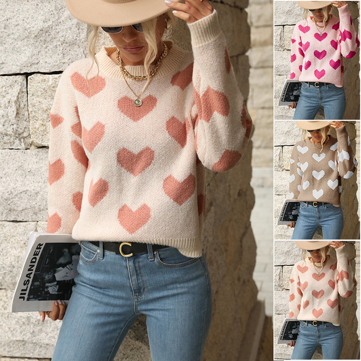 Damen Pullover mit Herz-Allover‑Muster, Rundhalsausschnitt und Relaxed‑Fit Echoarchiv