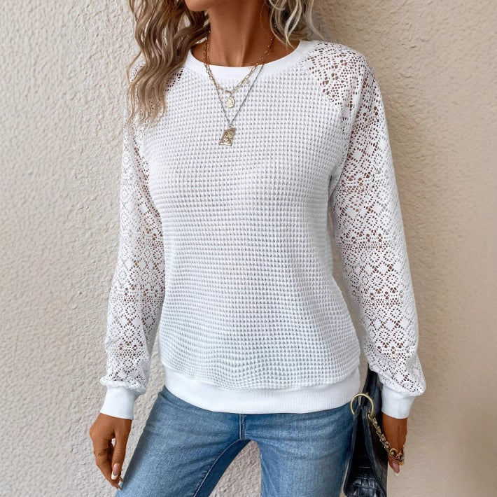 Damen nan Pullover mit Waffelstruktur, Raglanform und transparenter Spitzenärmel Echo Archiv
