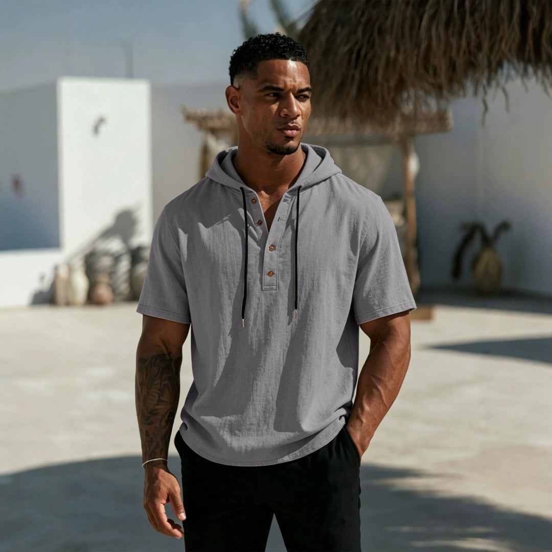 Herren Kurzarm-Hoodie-Henley aus Leinenoptik mit Knopfleiste – Cavarno